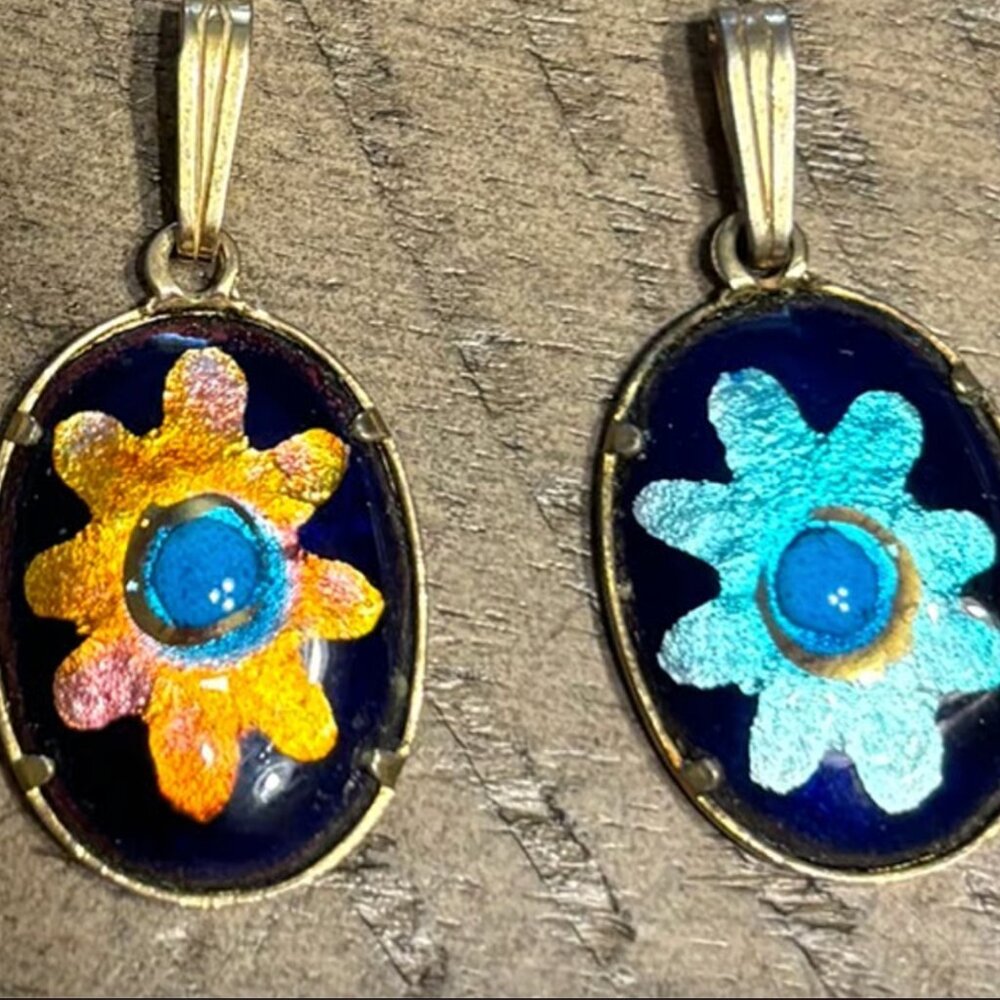Set of 2 - Gold Tone Enamel Flower Pendants